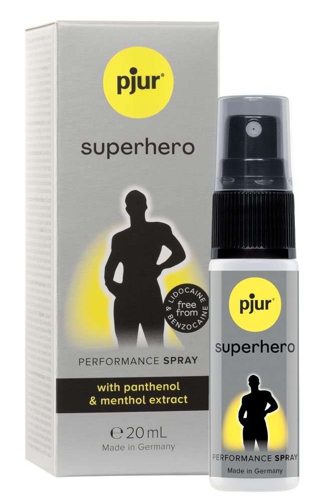 pjur SUPERHERO Performance Spray voor mannen, 20ml flesje en verpakking.