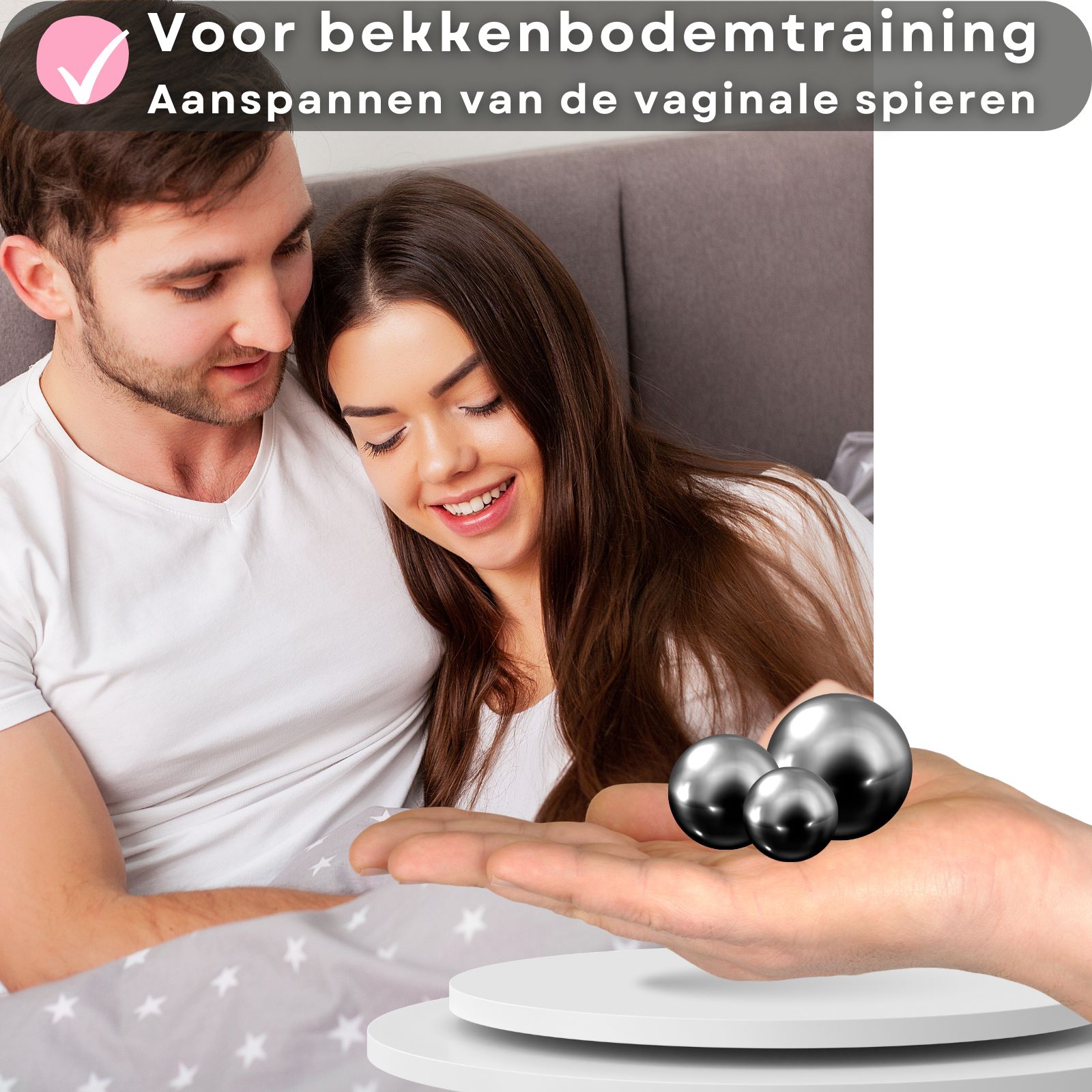 Afbeelding met tekst: Voor bekkenbodemtraining en aanspannen van de vaginale spieren. Koppel in bed, bollen in hand.