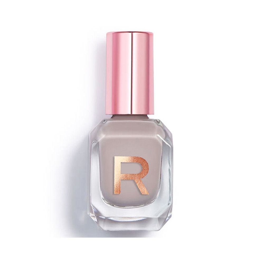 Nagellakfles met roségouden dop. De inhoud van de fles is lichtgrijs.