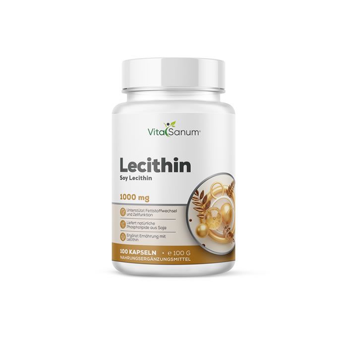 Flacon blanc de gélules de lécithine VitaSanum. Inscription : Lécithine, 1000 mg, 100 gélules. Étiquette marron avec informations.