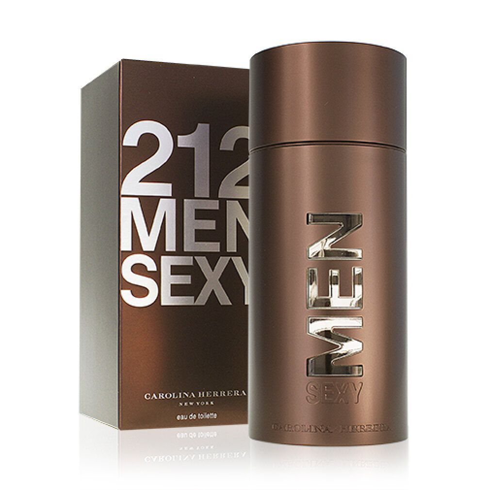 Bruine fles en doos. Op de doos staat 212 MEN SEXY. Op de fles staat SEXY MEN. CAROLINA HERRERA staat op de doos.