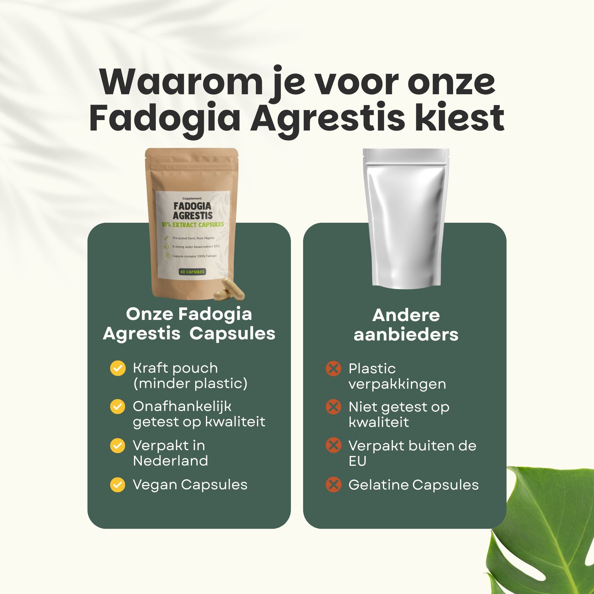 Vergelijking: Fadogia Agrestis capsules (kraftzakje, vegan) vs. andere aanbieders (plastic verpakking, gelatine).