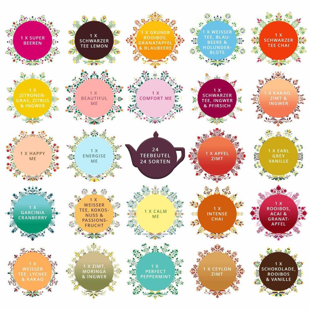 24 soorten theezakjes gerangschikt in bloemcirkels. In het midden een theepot. Opschrift: 24 theezakjes, 24 soorten.