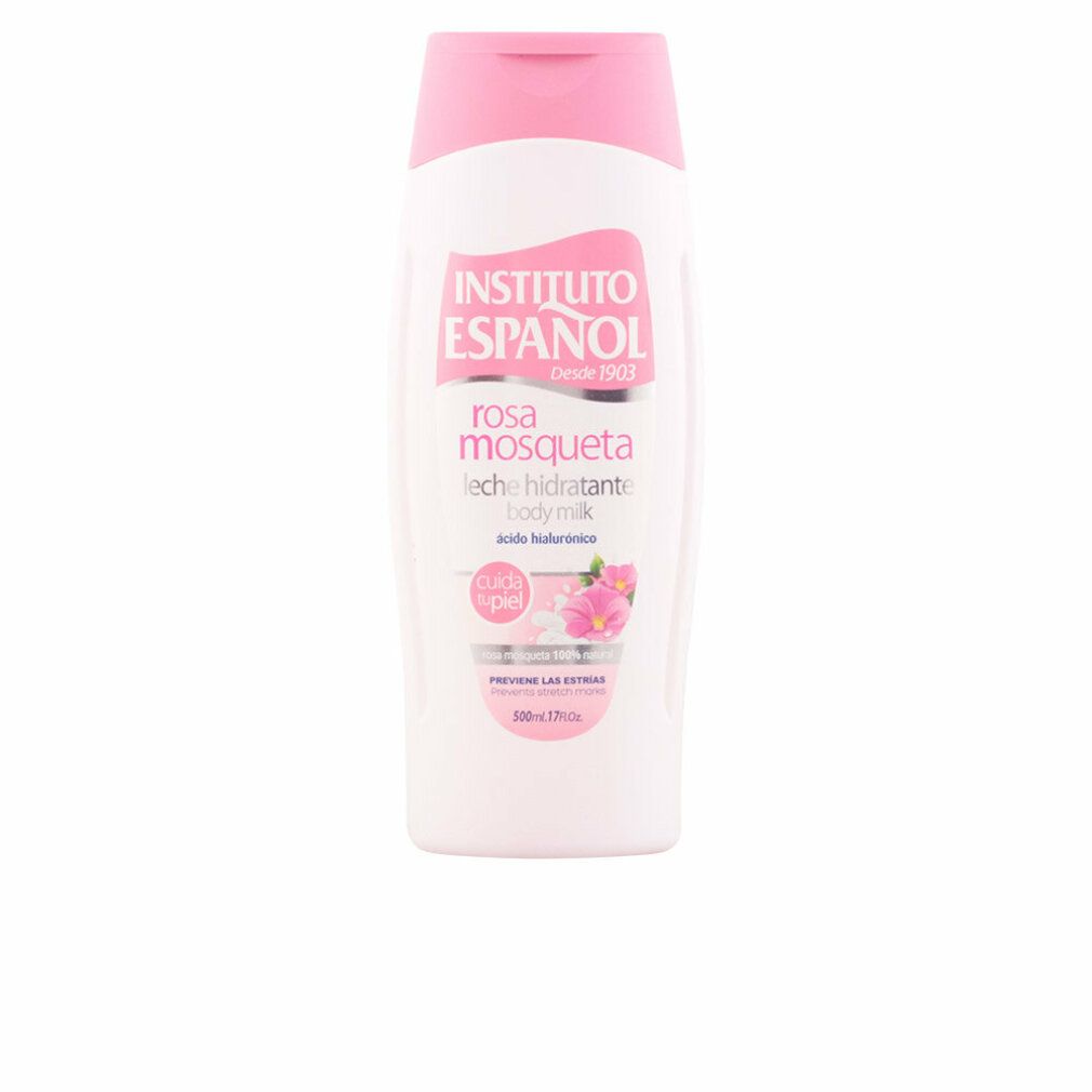 Flacon blanc avec bouchon rose, Lait corporel Instituto Español Rosa Mosqueta, 500ml.