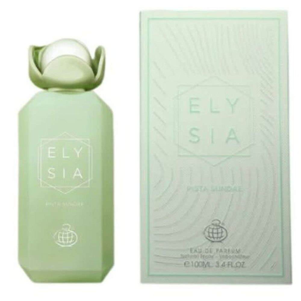 Lichtgroene fles en verpakking. Opschrift: ELYSIA, PISTA SUNDAE. Logo. Eau de Parfum.