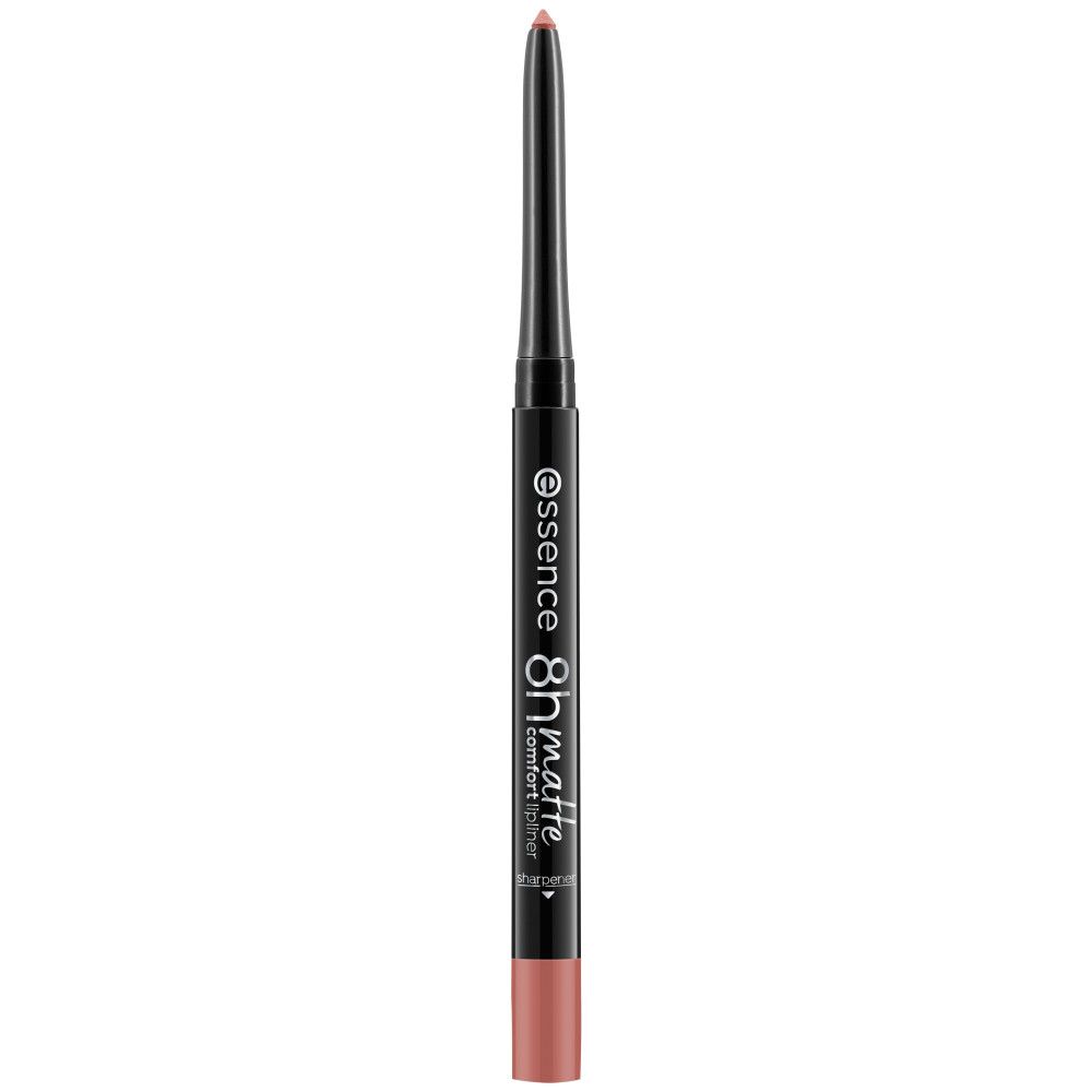Lipliner met zwarte schacht en roze punt. Opschrift: essence 8h matte comfort lipliner.