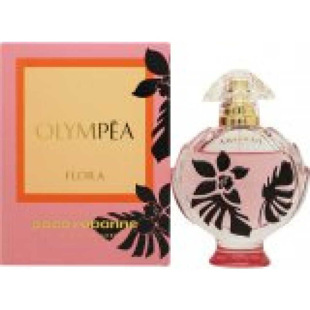 Roze flacon en verpakking. Opschrift OLYMPÉA FLORA. Zwarte bloemmotieven. 30 ml. Natuurlijke spray.