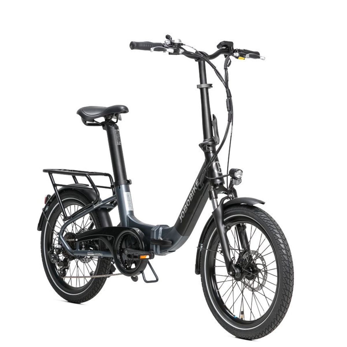 Opvouwbare e-bike, zwart en grijs. Met bagagedrager, spatborden en koplamp. JOBOBIKE-logo.