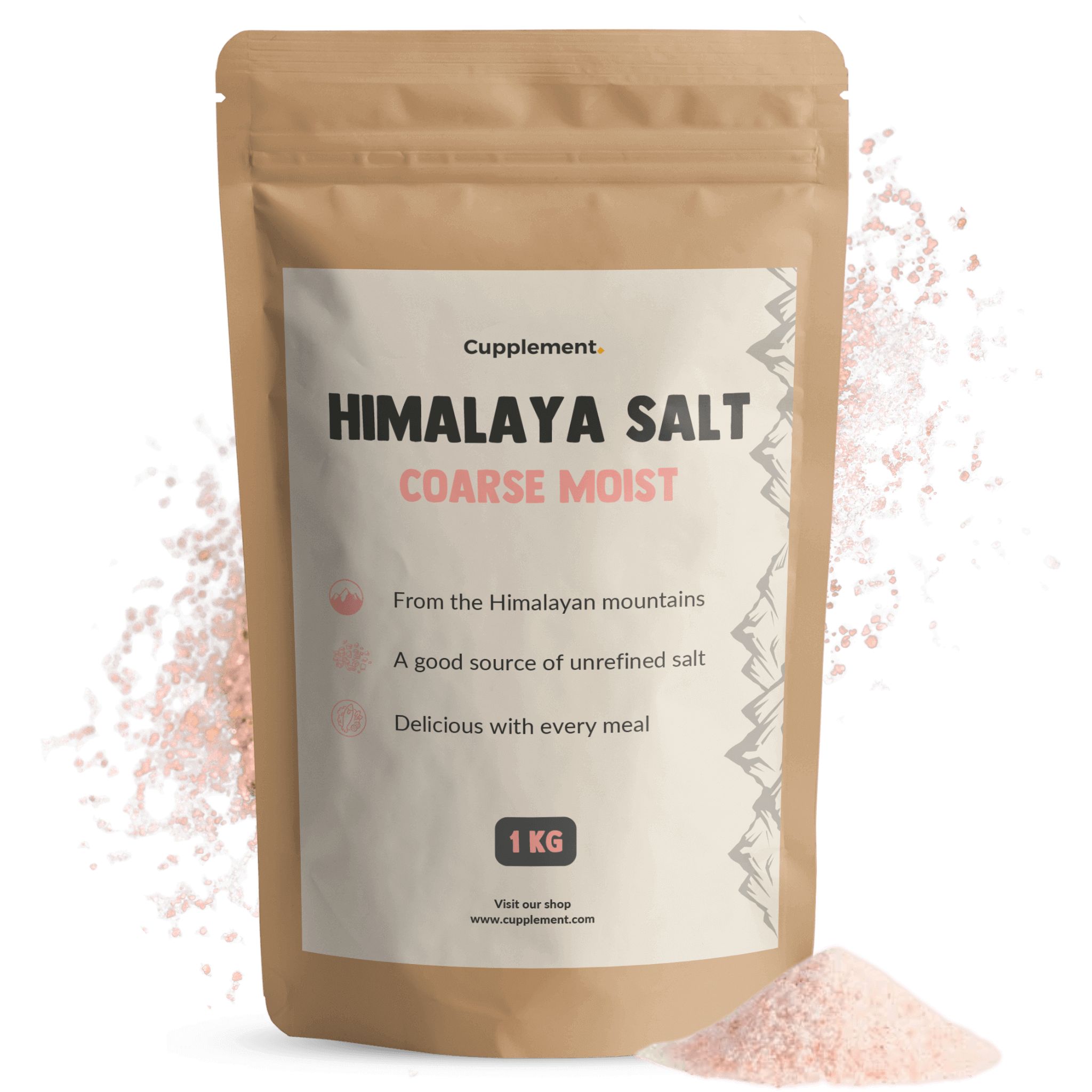 Sachet de sel de l'Himalaya, grossier, humide. 1 kg. Texte: Cupplement, Himalaya Salt, des montagnes de l'Himalaya.