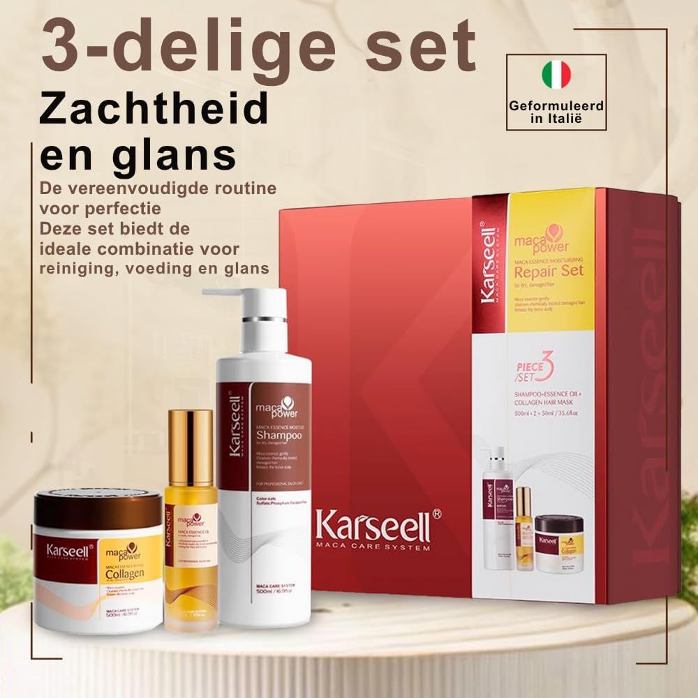 Karseell 3-delige set: Shampoo, olie en collageencrème in rode geschenkdoos. Geformuleerd in Italië.