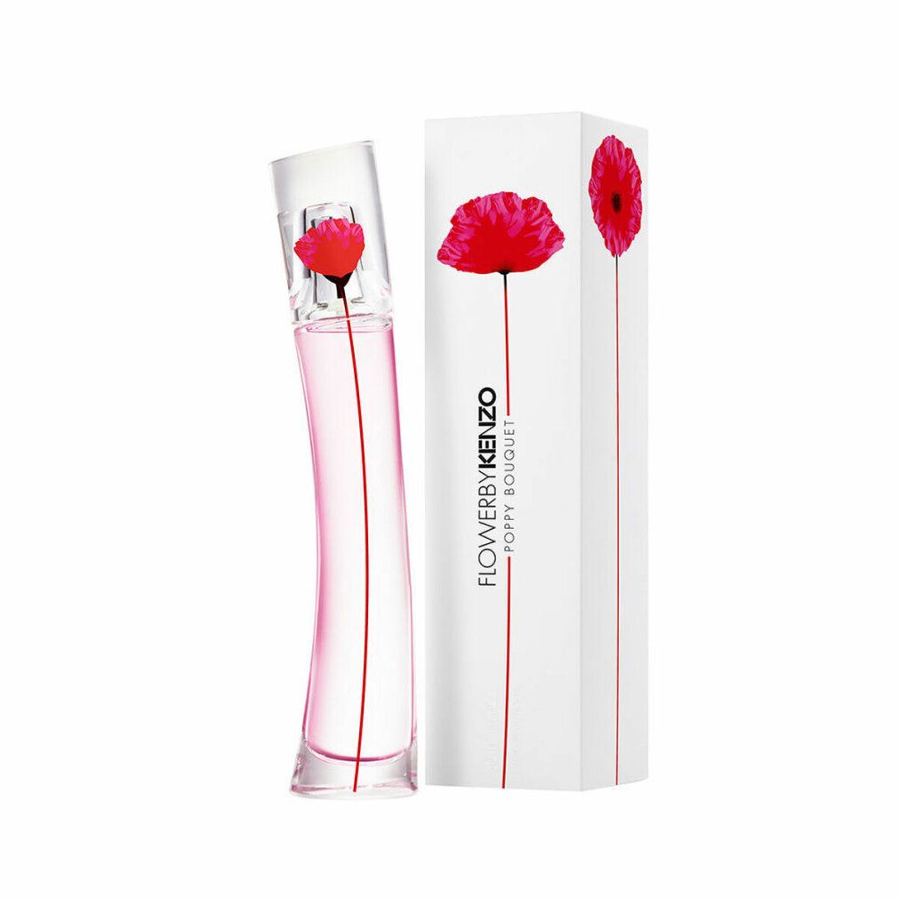 Flacon de parfum et emballage. Flacon avec fleur rouge, liquide rose. Emballage avec fleur rouge et texte: FLOWERBYKENZO POPPY BOUQUET.