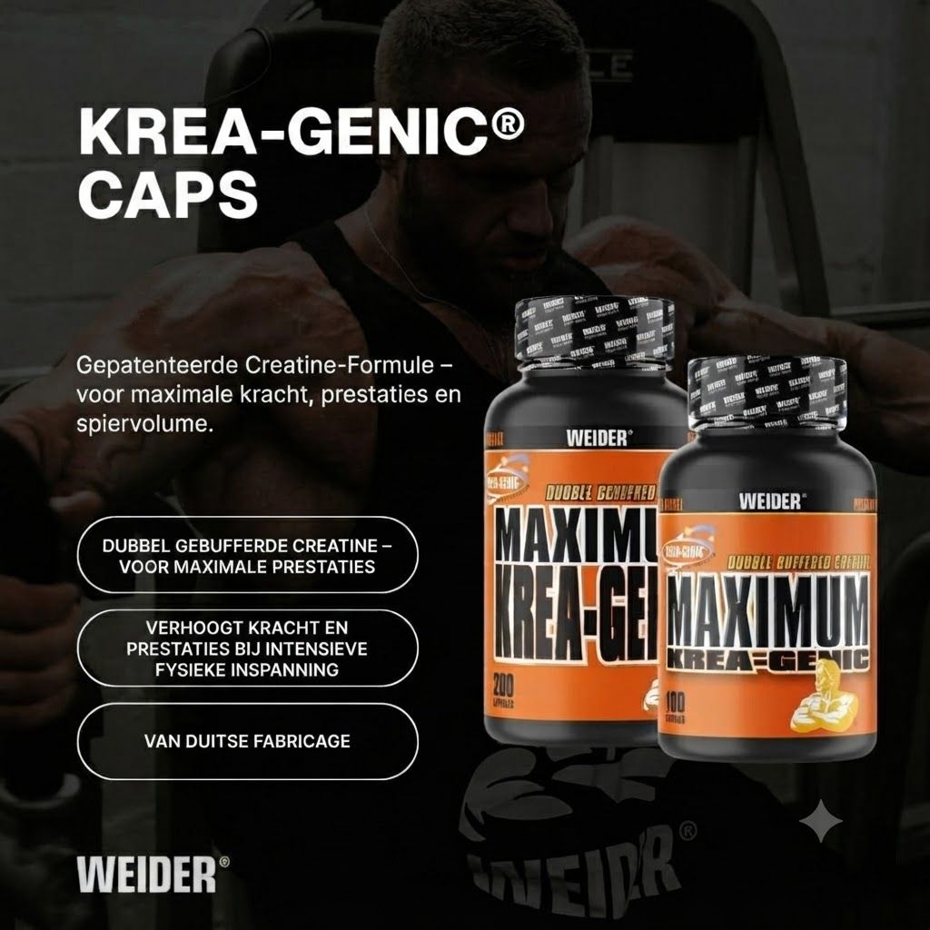 Twee potten WEIDER MAXIMUM KREA-GENIC Capsules, 200 en 100 stuks, voor een man in een sportschool.