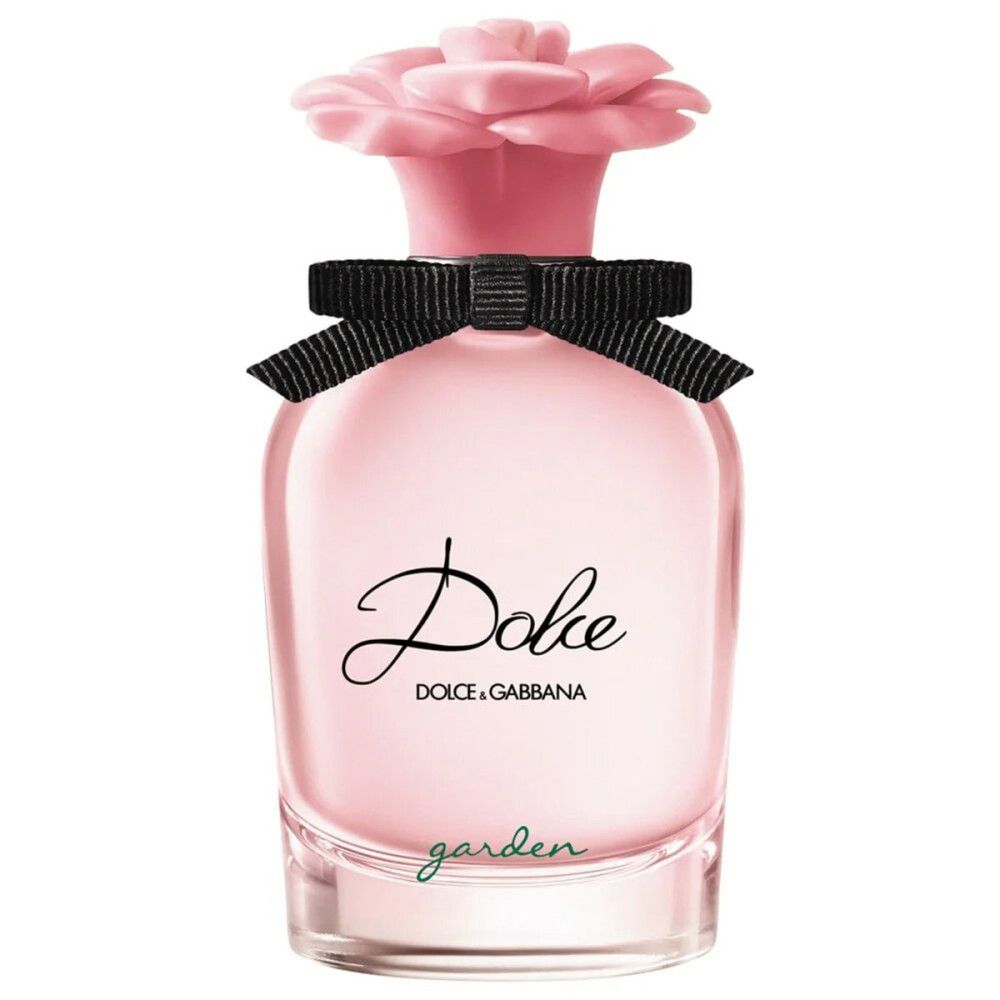 Roze parfumfles met bloemvormige dop en zwarte strik. Opschrift "Dolce" en "Dolce & Gabbana". Fles met groene opschrift "garden".