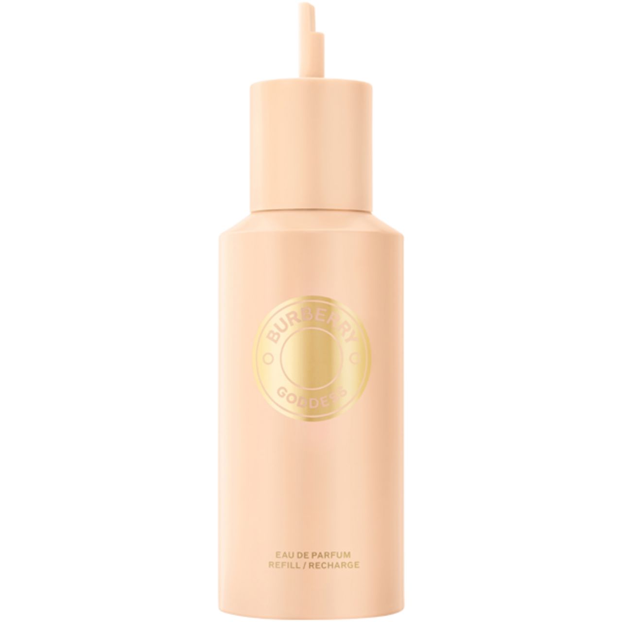Burberry Goddess Eau de Parfum Navulling, zachtroze flacon met goudkleurig medaillon.