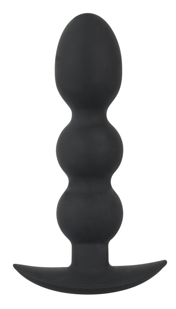 Zwarte anale plug met drie bollen en brede flens, achteraanzicht.