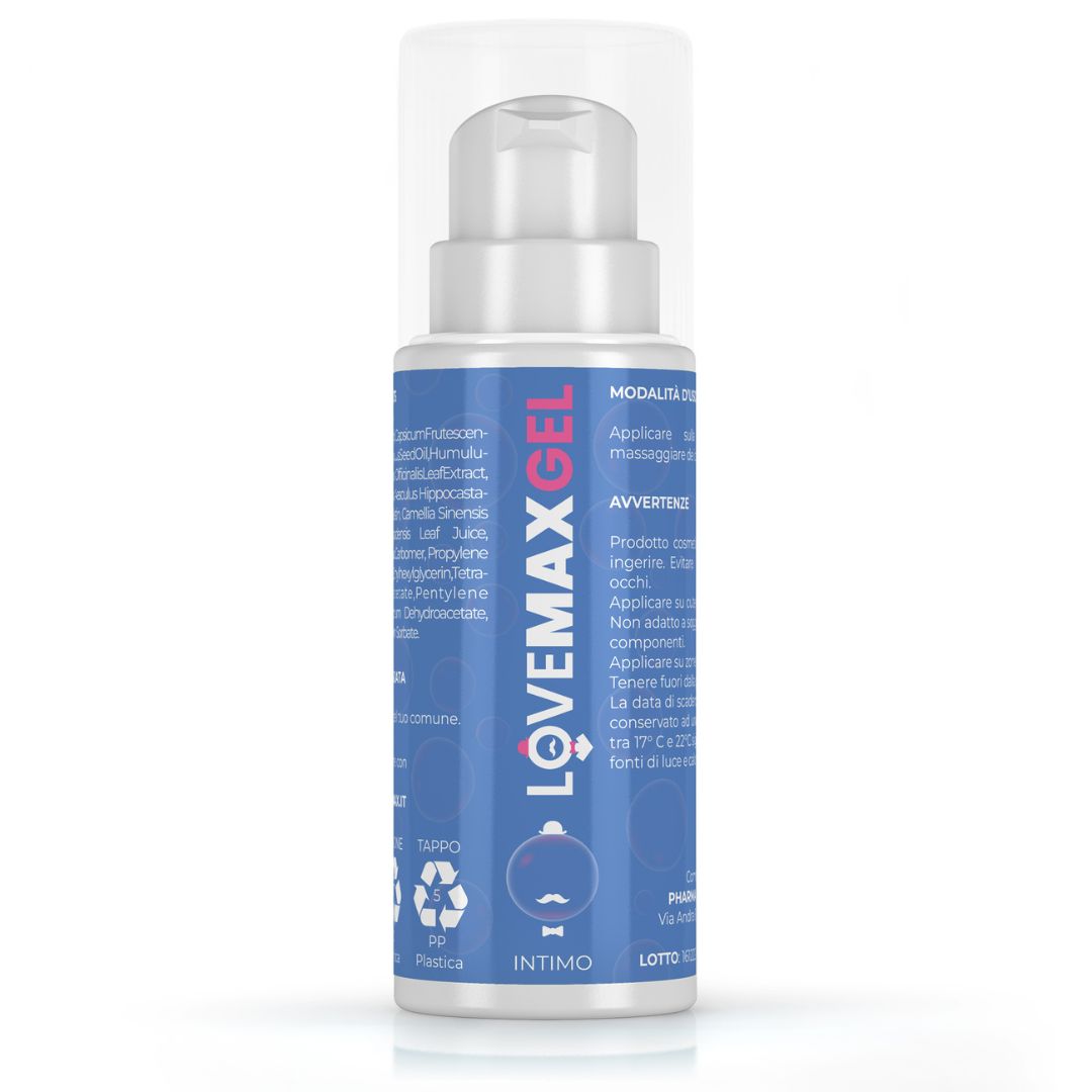 Flacon de LOVEMAX GEL avec distributeur. Emballage bleu avec inscriptions blanches et roses.