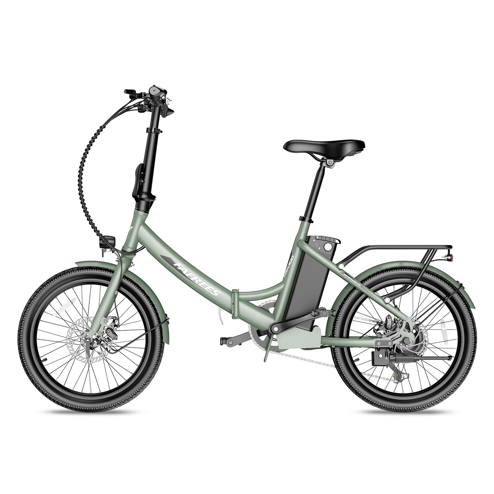 Lichtgroene Fafrees F20Light e-bike. Opvouwbaar frame, bagagerek, spatborden. Zwarte banden en zadel. Accu op frame.