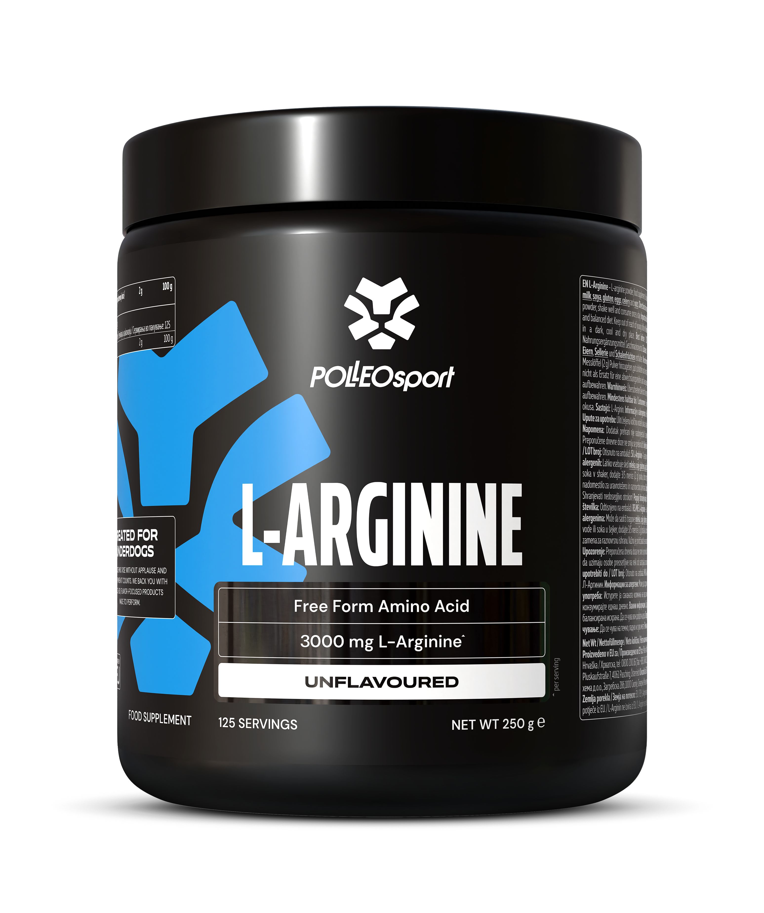 Pot noir avec lettrage blanc et bleu. Contient de la L-Arginine, 3000 mg. Marque : POLLEOsport. Sans saveur. 125 portions.
