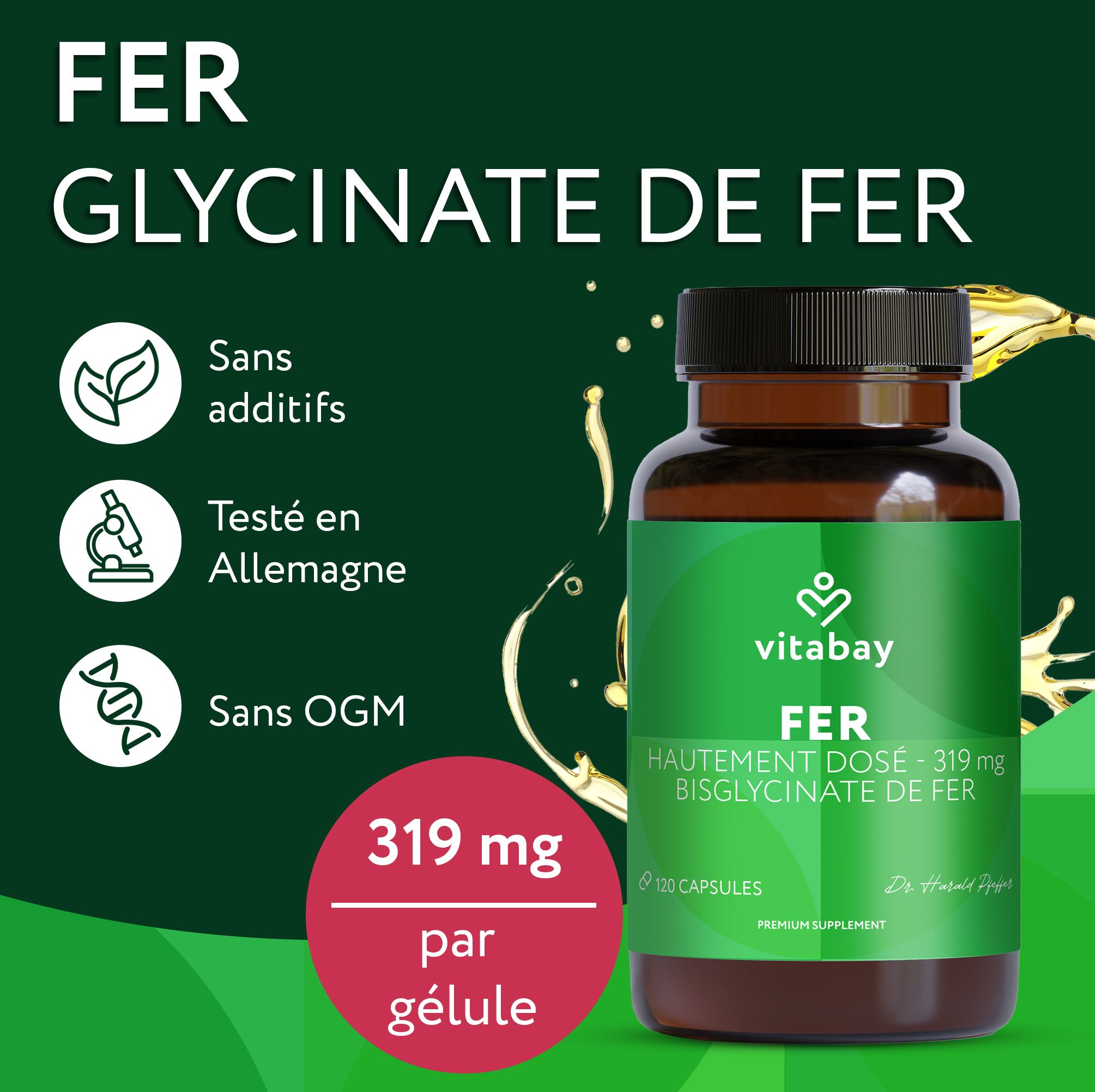 Vitabay Fer Hautement Dosé 319 mg Bisglycinate de Fer capsules et emballage.