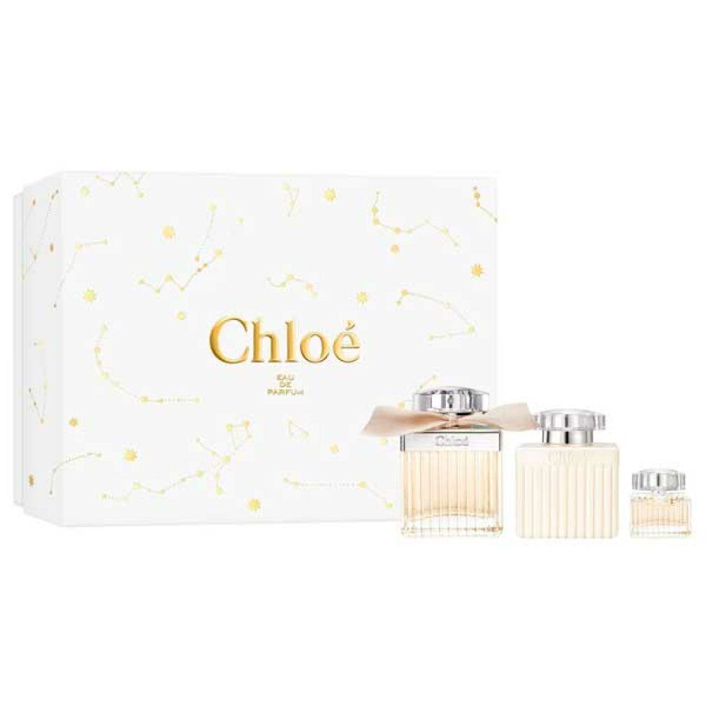 Coffret cadeau Chloé avec trois flacons et une boîte blanche. Inscription "Chloé Eau de Parfum".