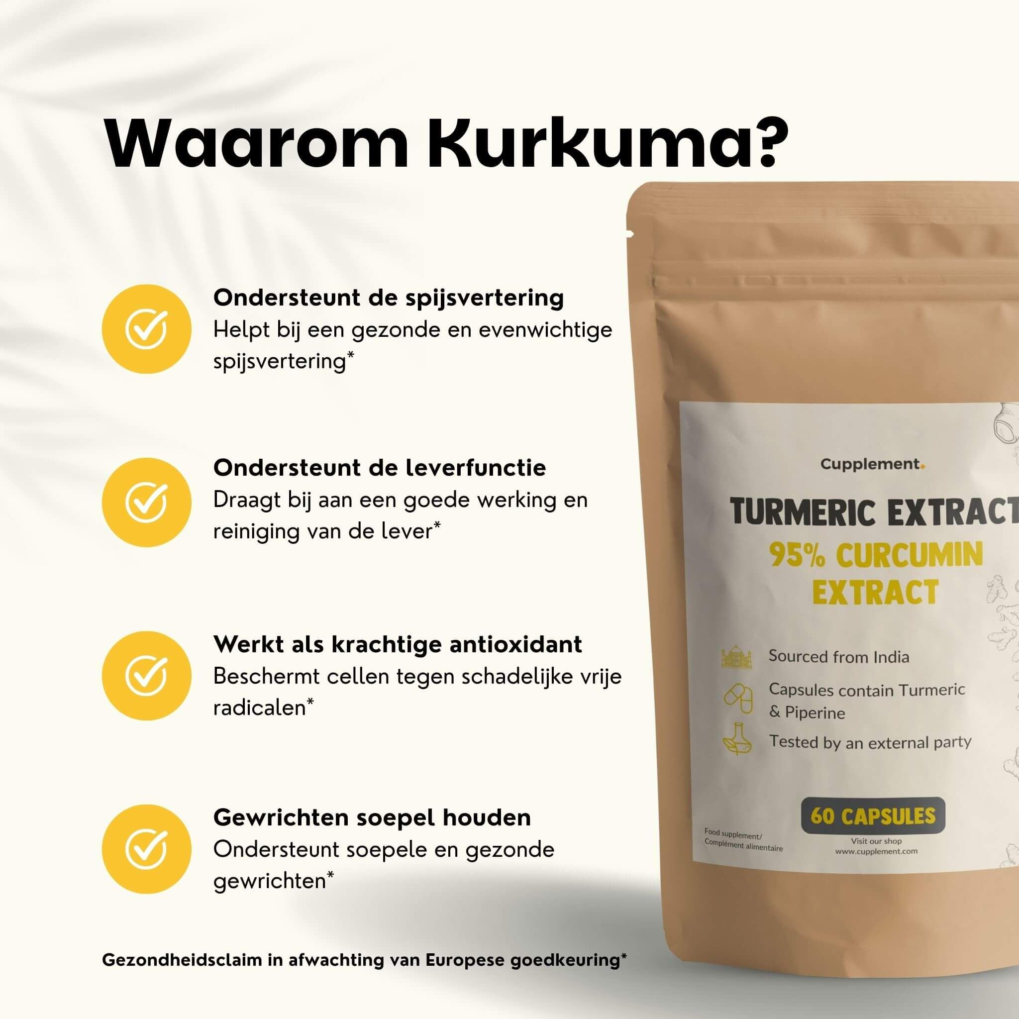 Zakje met capsules. Tekst: Waarom kurkuma? Ondersteunt spijsvertering, leverfunctie, werkt als antioxidant, houdt gewrichten soepel.