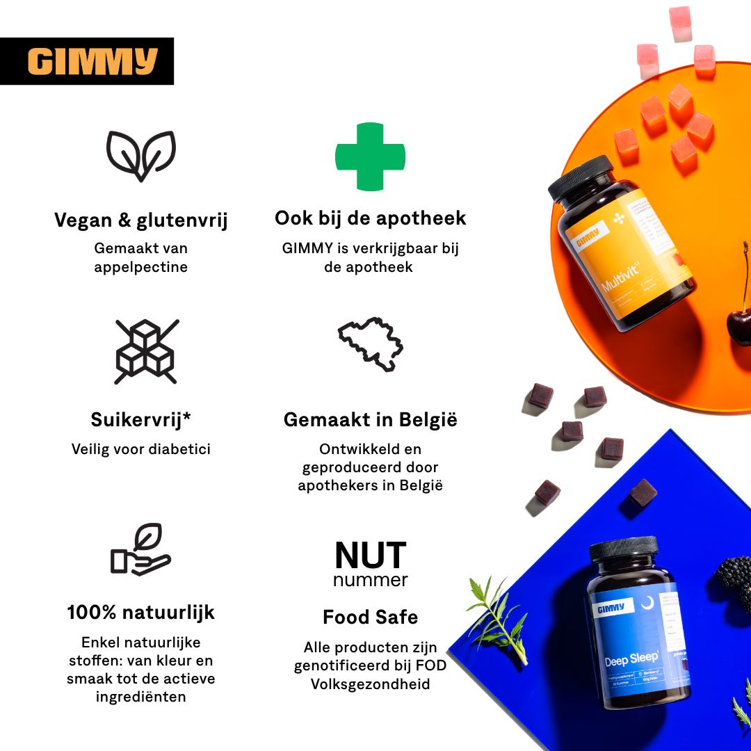 Infographie avec logos et texte. "Vegan & glutenfrei", "Auch bei der Apotheke", "Zuckerfrei", "Gemacht in Belgien", "100% natürlich", "Food Safe".