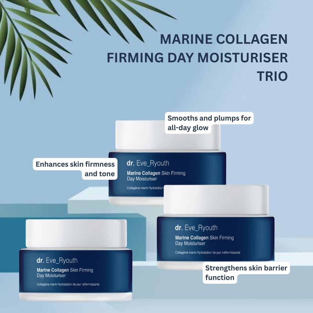Drie potten Dr. Eve_Ryouth Marine Collagen verstevigende dagcrème. Blauwe potten, witte deksels. Tekst op blauwe achtergrond.