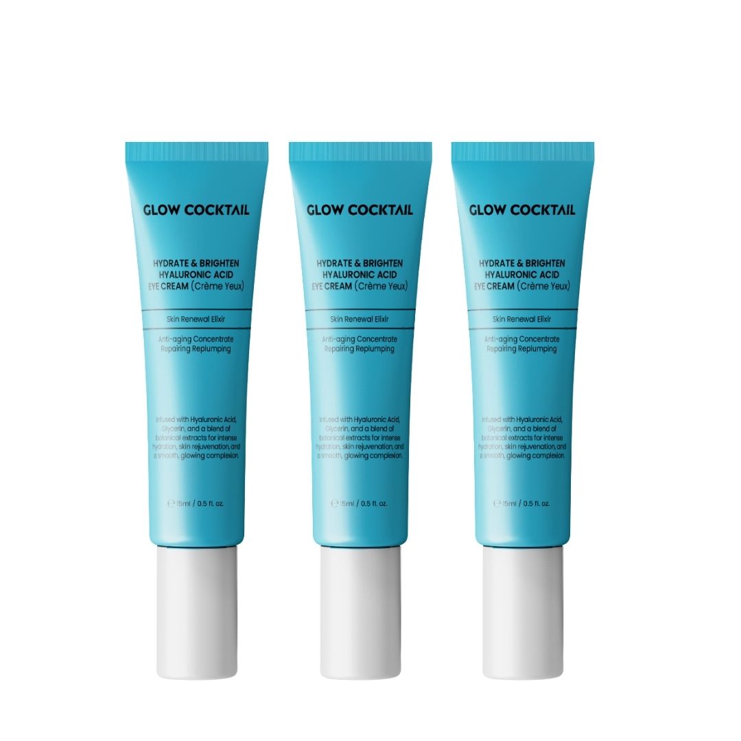 Trois tubes de crème pour les yeux turquoise et blanc. Inscription: GLOW COCKTAIL, HYDRATE & BRIGHTEN HYALURONIC ACID EYE CREAM.