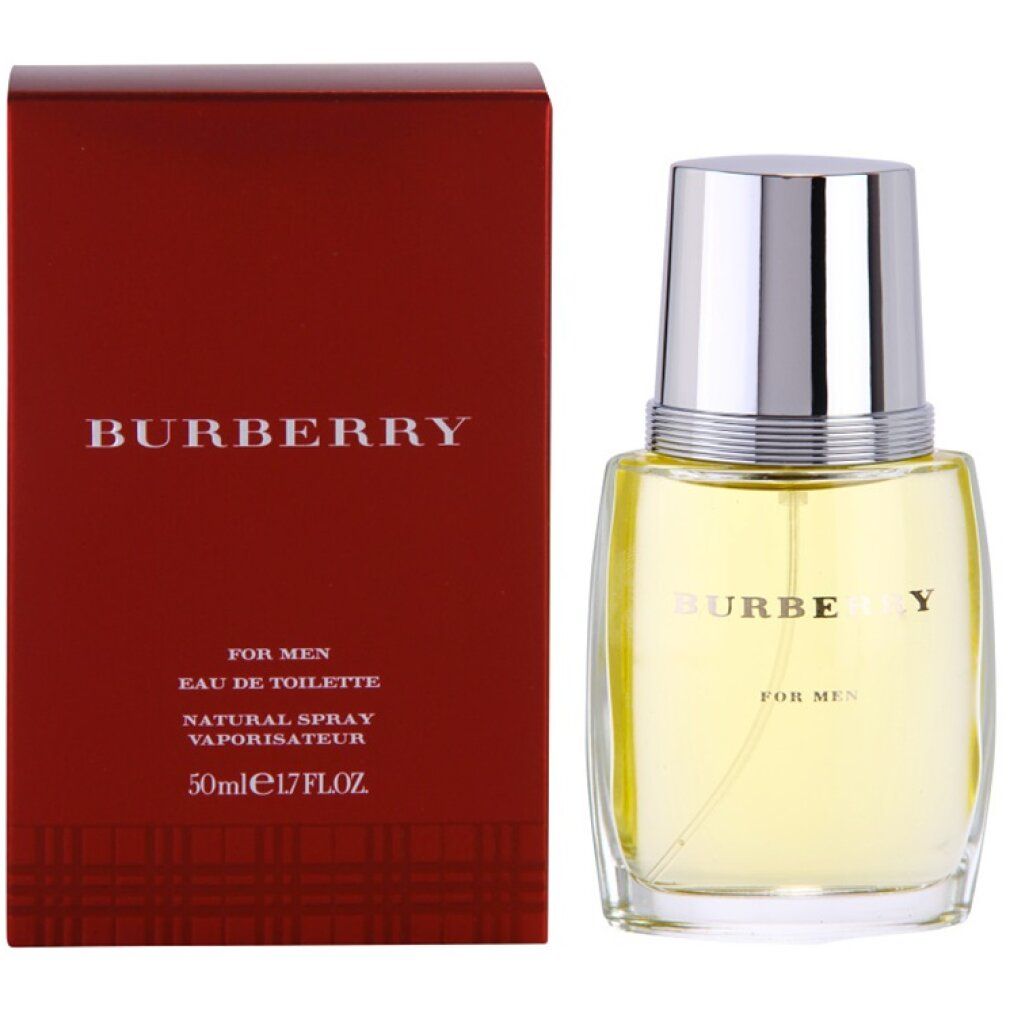 Burberry For Men Eau De Toilette Spray. Fles en rode verpakking. Opschrift: Burberry For Men, Eau De Toilette, 50ml.