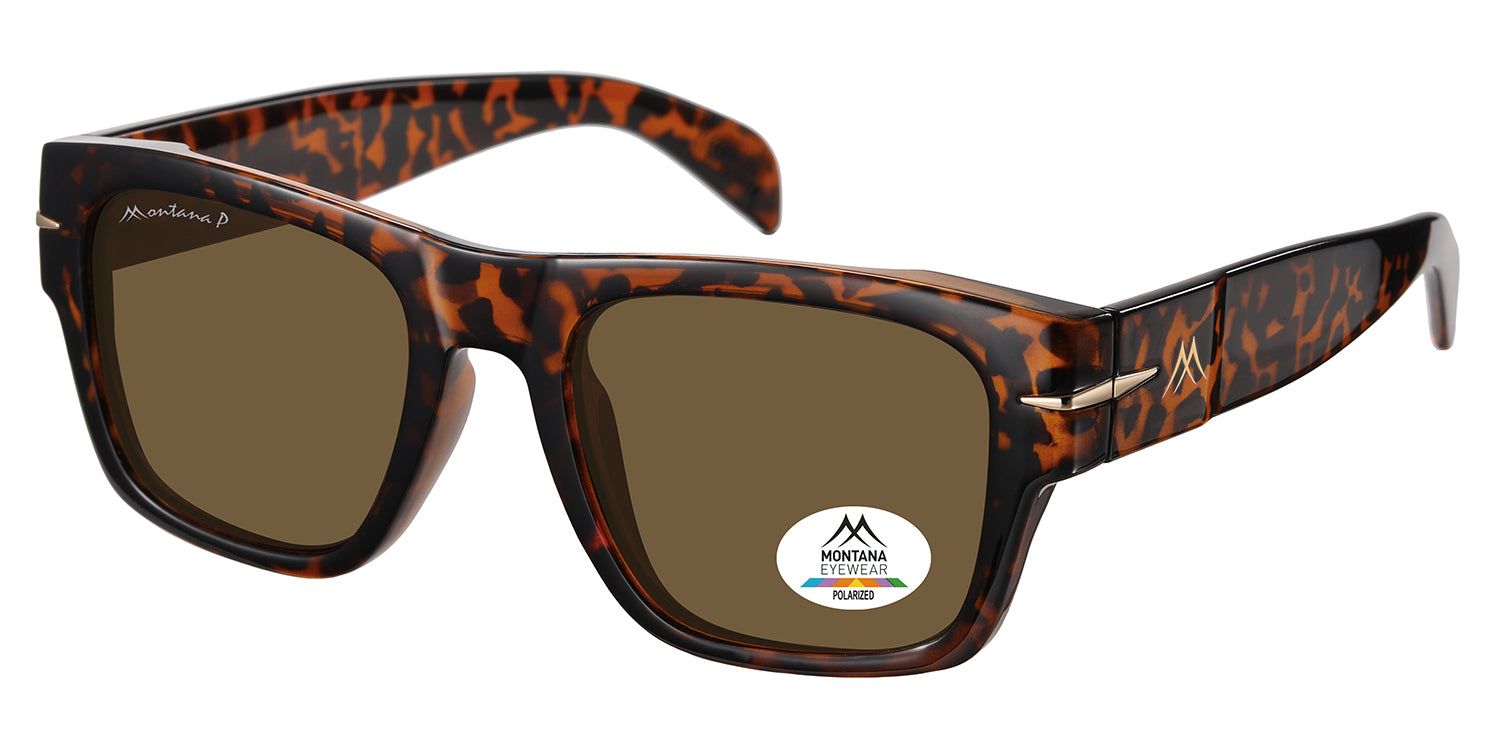 Lunettes de soleil marron à motif écaille de tortue. Logo "MONTANA EYEWEAR" sur la branche. Verres polarisés.