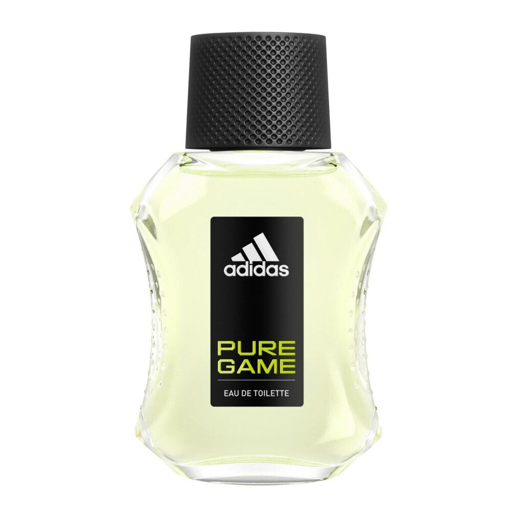 Flacon Adidas Pure Game Eau de Toilette. Bouchon noir, flacon transparent avec étiquette noire et nom du produit.