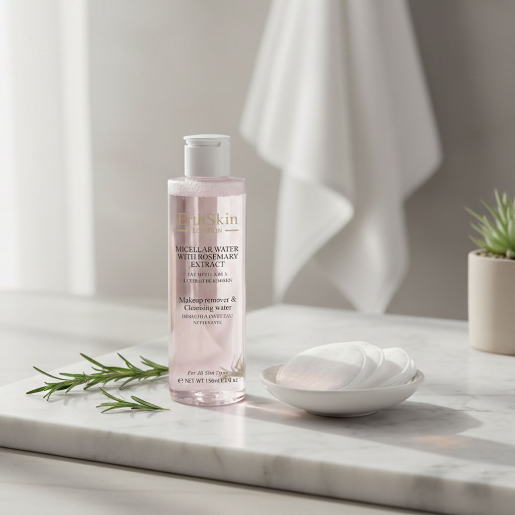 Eau micellaire ErthSkin London à l'extrait de romarin sur plateau en marbre avec cotons et brin de romarin.