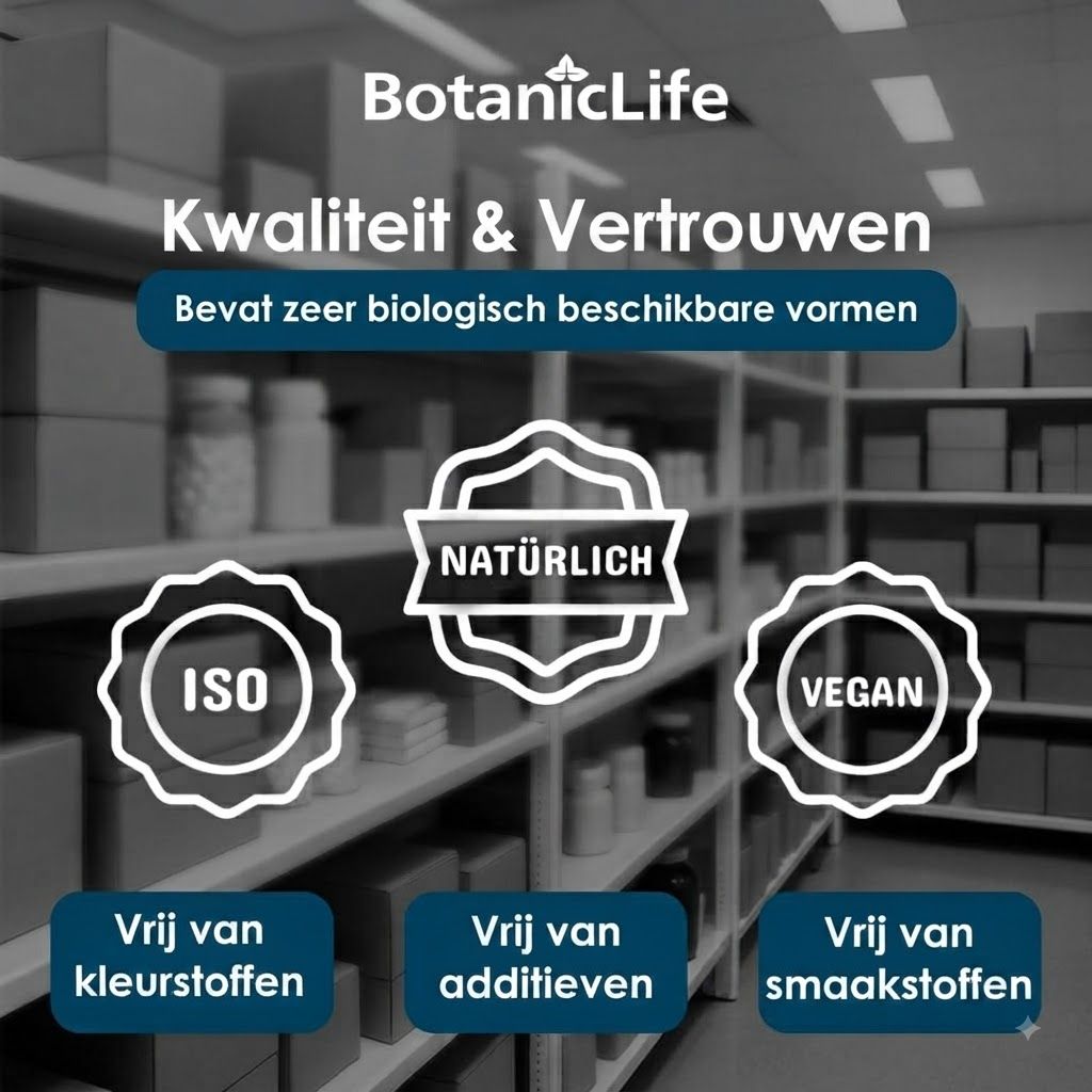 BotanicLife: Kwaliteit & Vertrouwen. Keurmerken: Natuurlijk, ISO, Vegan. Vrij van kleurstoffen, additieven, smaakstoffen.