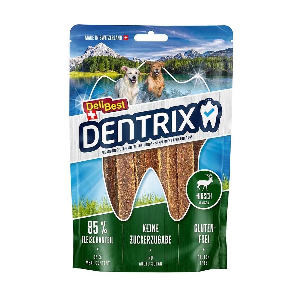 Paquet de DeliBest DENTRIX Hirsch. Contient 85% de viande, sans sucre ajouté, sans gluten. Chiens et cerf illustrés.