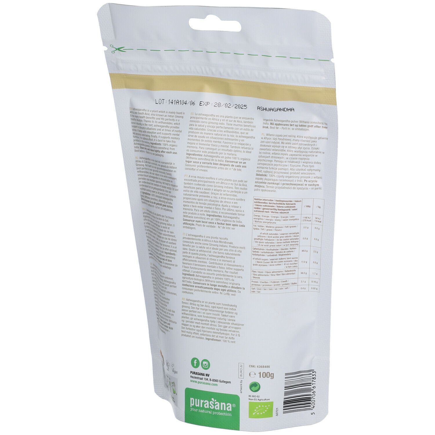 Achterkant van een zakje Ashwagandha poeder. Tekst en voedingswaarde. Logo: Purasana. Met bio-label.