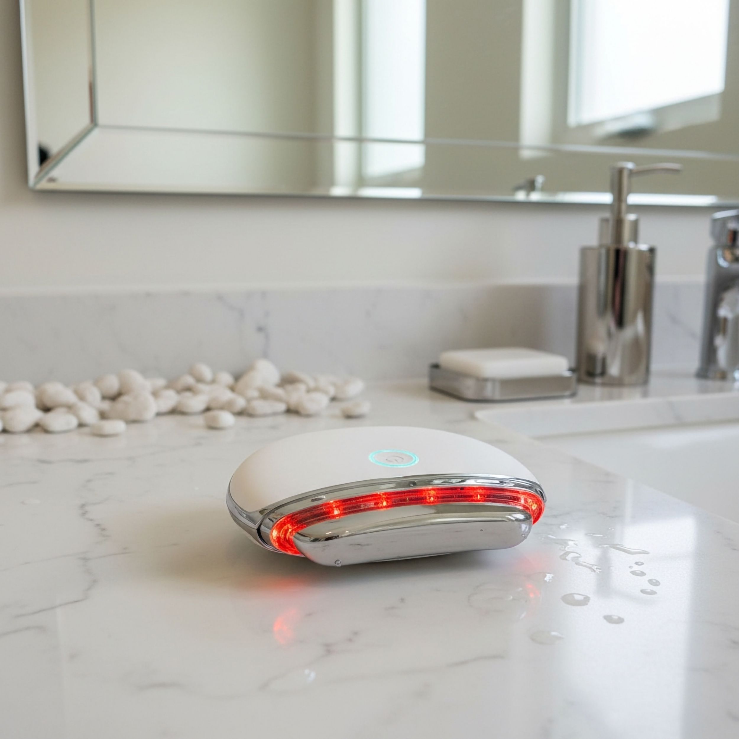 Wit massageapparaat met rood licht op marmeren oppervlak. Zilveren accenten, groene knop. Watervlekken.