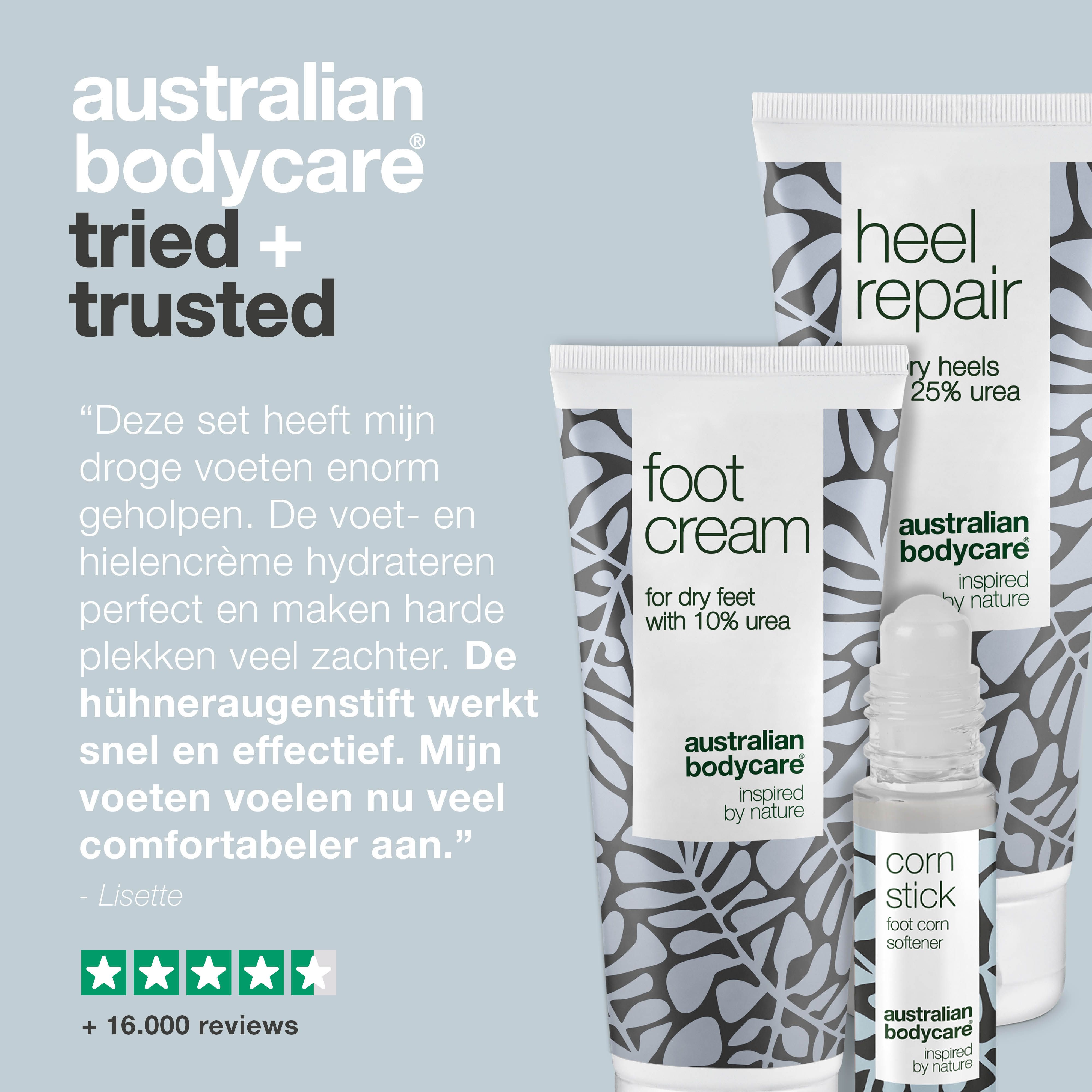 Productset: Voetcrème, Heel Repair, Corn Stick. Tekst en sterren. Blauwe achtergrond.