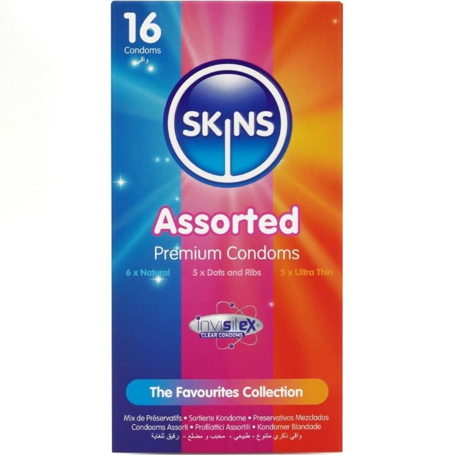 Boîte de 16 préservatifs SKINS Assorted Premium. 6x Naturel, 5x Dots and Ribs, 5x Ultra Thin. Avec Invisilex.
