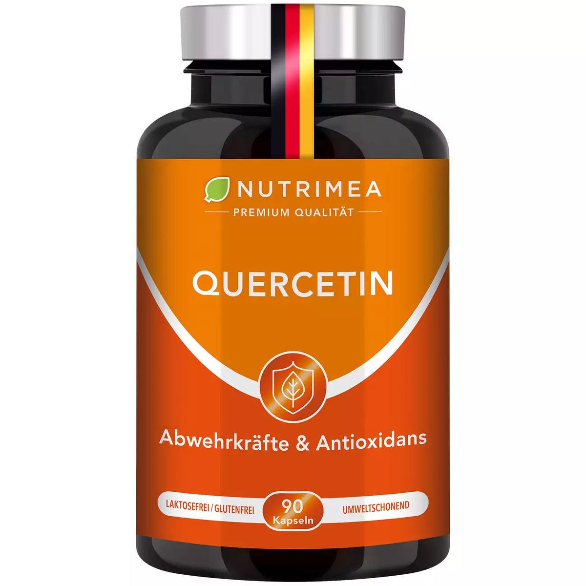 Bruine fles met oranje etiket. Opschrift: QUERCETINE, Afweerkrachten & Antioxidanten. 90 capsules.