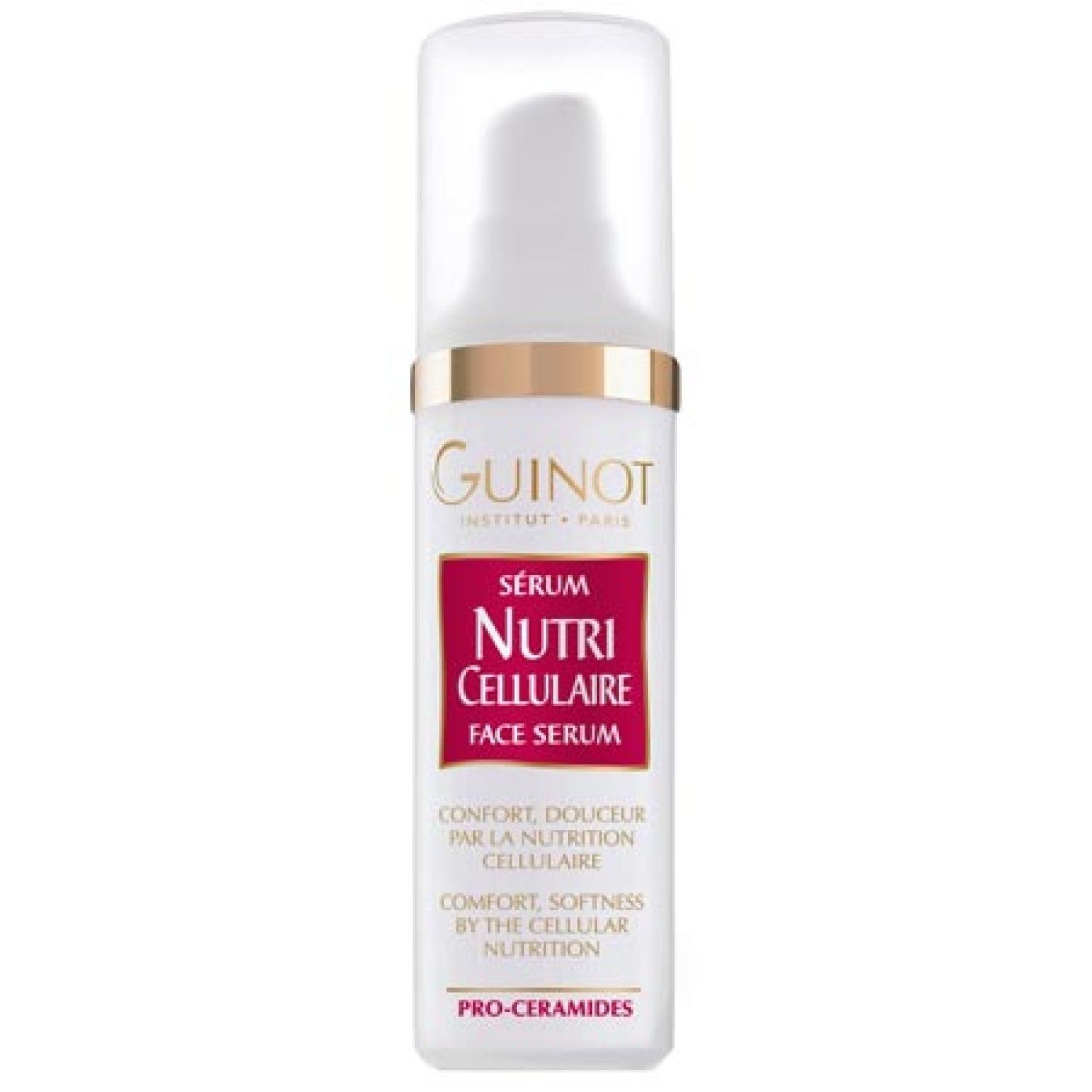 Guinot Serum Nutri Cellulaire. Witte fles met pomp, gouden ring, rood etiket met tekst. Transparante dop.