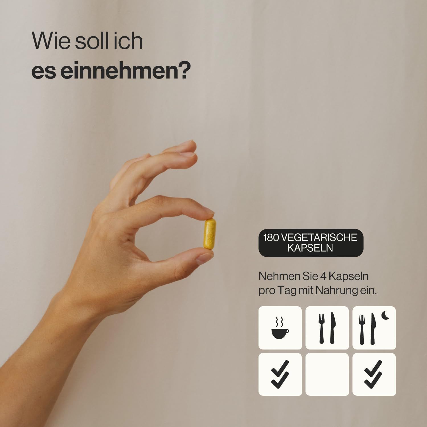 Main tenant une gélule jaune. Texte : 180 gélules végétariennes. Posologie : 4 gélules par jour avec nourriture.