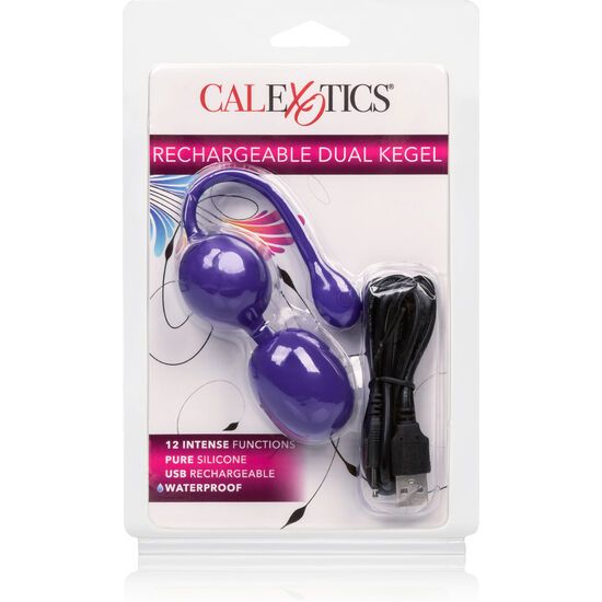 Verpakte paarse Kegelballen met USB-oplaadkabel en handleiding.