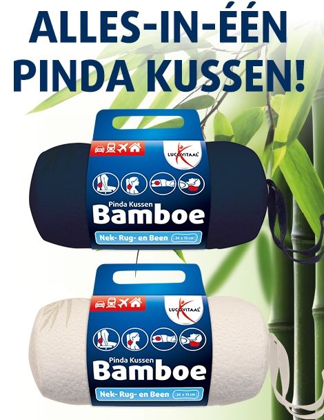 Twee bamboe pinda kussens. Eén wit, één donkerblauw. Opschrift: Bamboe, Nek- Rug- en been. Logo Lucovitaal. Verpakking.