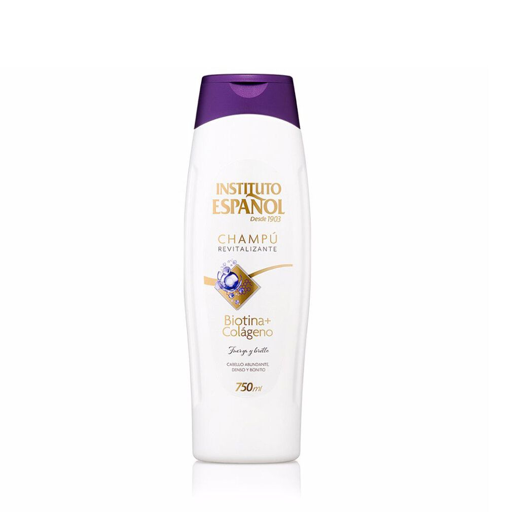 Flacon blanc avec bouchon violet, inscription "Instituto Español Champú Revitalizante Biotin+Colágeno".