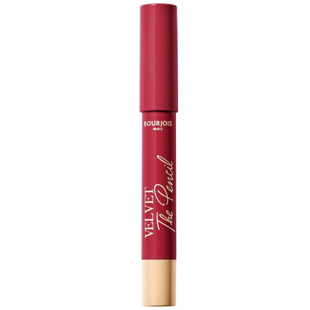 Un crayon rouge à lèvres rouge avec un capuchon rouge. Le crayon porte l'inscription 'VELVET The Pencil' et 'BOURJOIS PARIS'.
