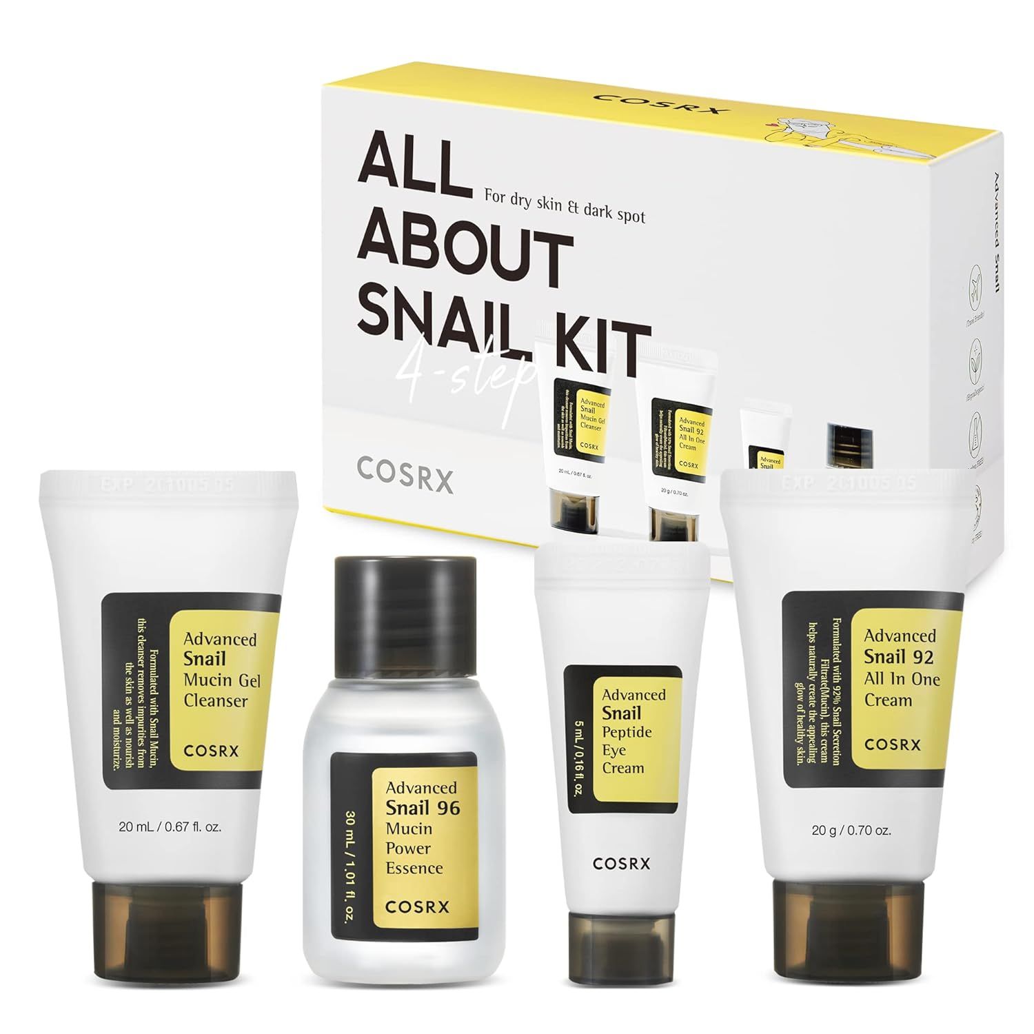 Set van vier cosmetische producten. Bevat reiniger, essence, crème en oogcrème. Verpakking met gele accenten en productnamen.