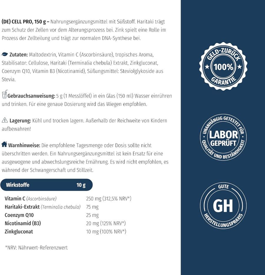 Informations produit: CELL PRO, 150 g. Ingrédients, ingrédients actifs, informations nutritionnelles, avertissements, testé en laboratoire, GMP.