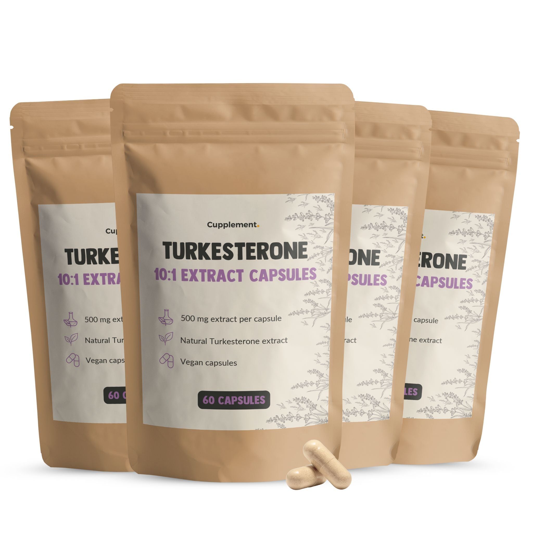 Zakje met capsules. Opschrift: Turkesterone 10:1 Extract Capsules. 60 capsules. Bruine verpakking.