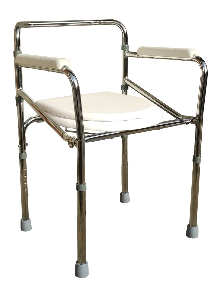 Chaise de toilette avec siège blanc, accoudoirs et pieds réglables en hauteur. Cadre métallique.