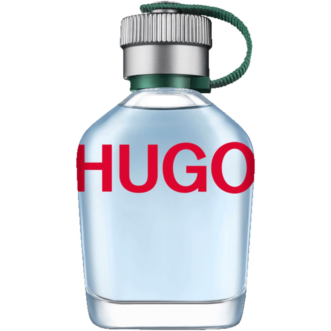 Flacon de parfum bleu clair avec lettrage HUGO rouge. Bouchon argenté avec lanière verte. Fond clair.